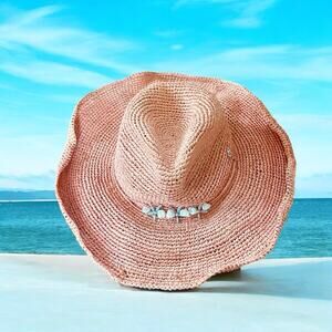 Flora Bella Adjustable Burnt Orange Floppy Straw Hat with Sea Shells/Starfish